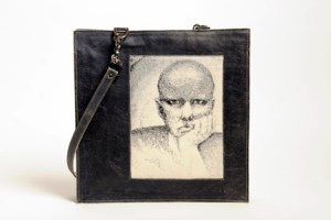 Grand cabas de cuir de vache bleu vintage et canevas de coton naturel brodé